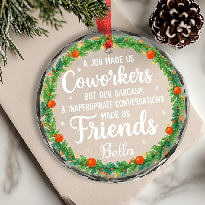 BSQUIELE Personalized Coworkers Glass Ornament 2025 - Friendship Gift for Work Bestie, Work Friends, Best Friends - Funny Coworker Appreciation Keepsake - Unique Xmas Tree Hanging Decoration