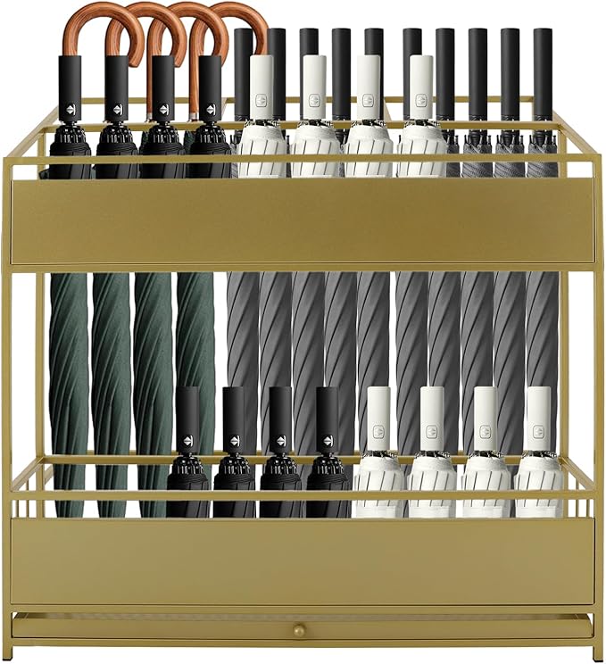 Commercial Metal Umbrella Stand Rack – Heavy Duty Free Standing Organizer with Removable Drip Tray, Entrance Umbrella Organizer for Entryway Home Office Hotel, 26.8x12.6x27.6in (Gold)