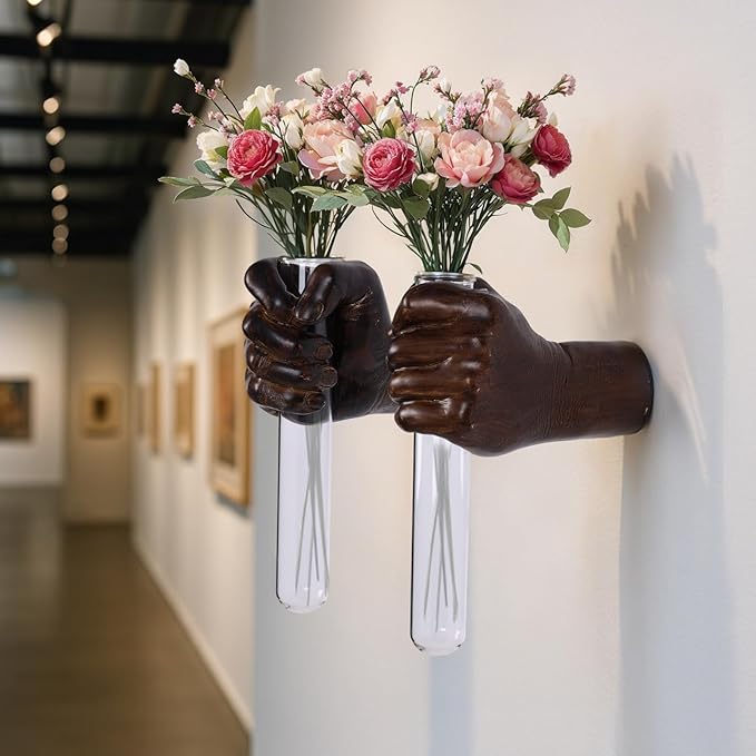 2 Pieces Wall Sculptures, Hands Vase Home Decor, Wall Mount Art Sculpture, Unique Wall Art Statue, Funky Flower Vase Decorations, Modern Eclectic Hanging Decor,Hands Statue (Wood(L+R))