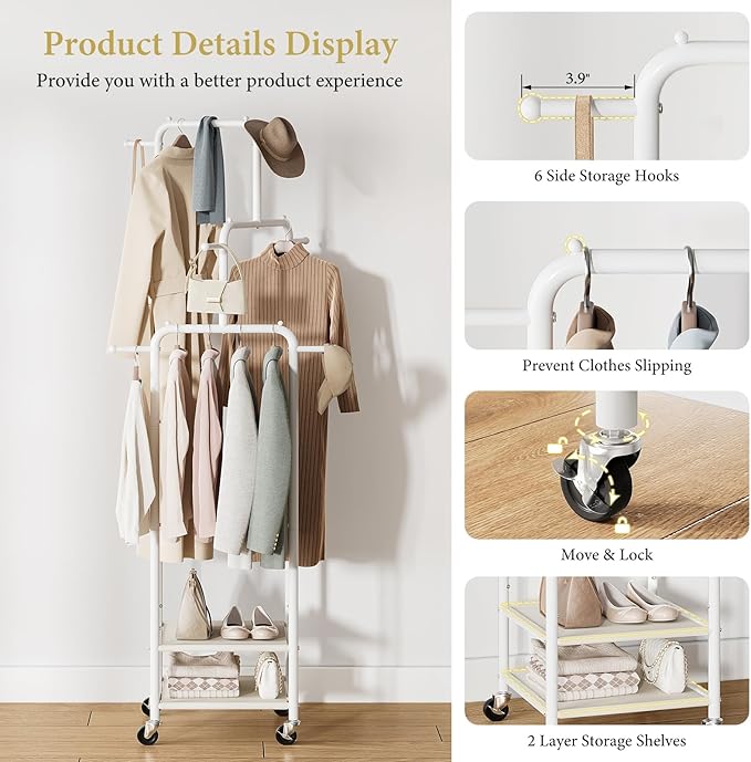Chrislley Small Clothing Rack With Wheels, 71" Portable Rolling Garment Rack With 2 Shelves and 6 Hooks, 3-Section Different Heights Heavy Duty Metal Clothes Rack For Coats, Shirts, Bags, Shoes, White