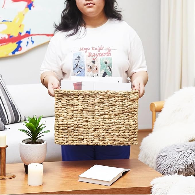 Magazines Holder Basket - Wicker Magazine Basket, Handwoven Magazine Holders for Bathroom,Home Magazine Storage Basket, Water Hyacinth Magazine Rack Organizer for Books, Newspapers, Narrow Rectangle