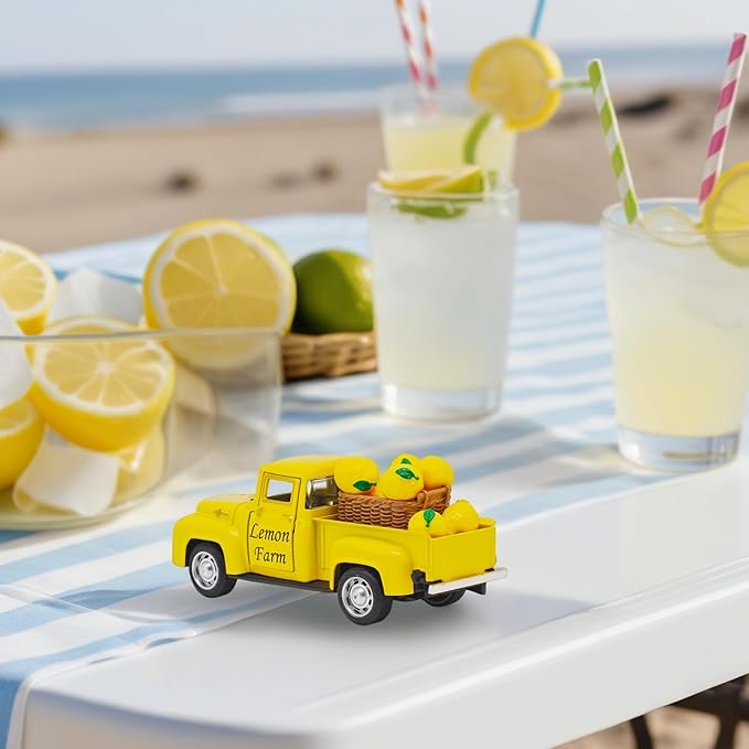 Lemon Decor - 4.9″Farmhouse Vintage Metal Truck with Mini Fake Lemons for Home Kitchen Table, Shelf, Party Decorations and Lemonade Stand Decor Summer Tiered Tray Decoration