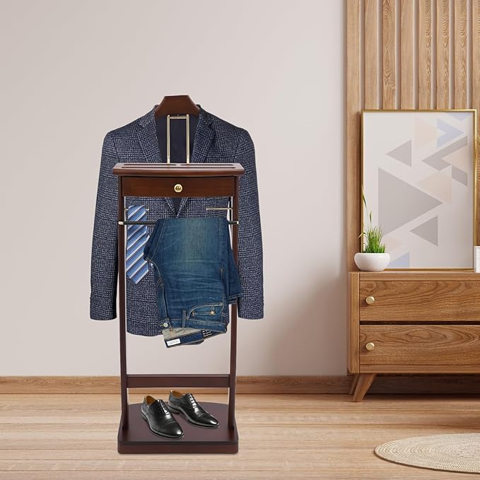Cashewnuts Mens Suit Valet Stand Clothes Valet Stand with Base Vertical Clothes Stand Wooden Hanging Frame w/Handle, 17.32 x 11.81 x 44.09in (Walnut Color)