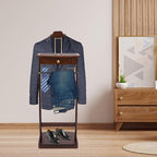 Suit Valet Stand, Brown Wood Valet Stand with Base, Contour Hanger, Tray, Trouser Bar and Tie Bar, Wood Mens Valet Stand for Bedroom Entryway Home Living Room Office