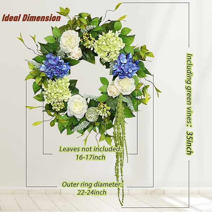 Spring Summer Wreaths for Front Door 24 Inch Summer Wreath with Hydrangea, Rose & Peony Floral Spring Door Wreath with Lush Greenery for Indoor & Outdoor Seasonal Home Decor