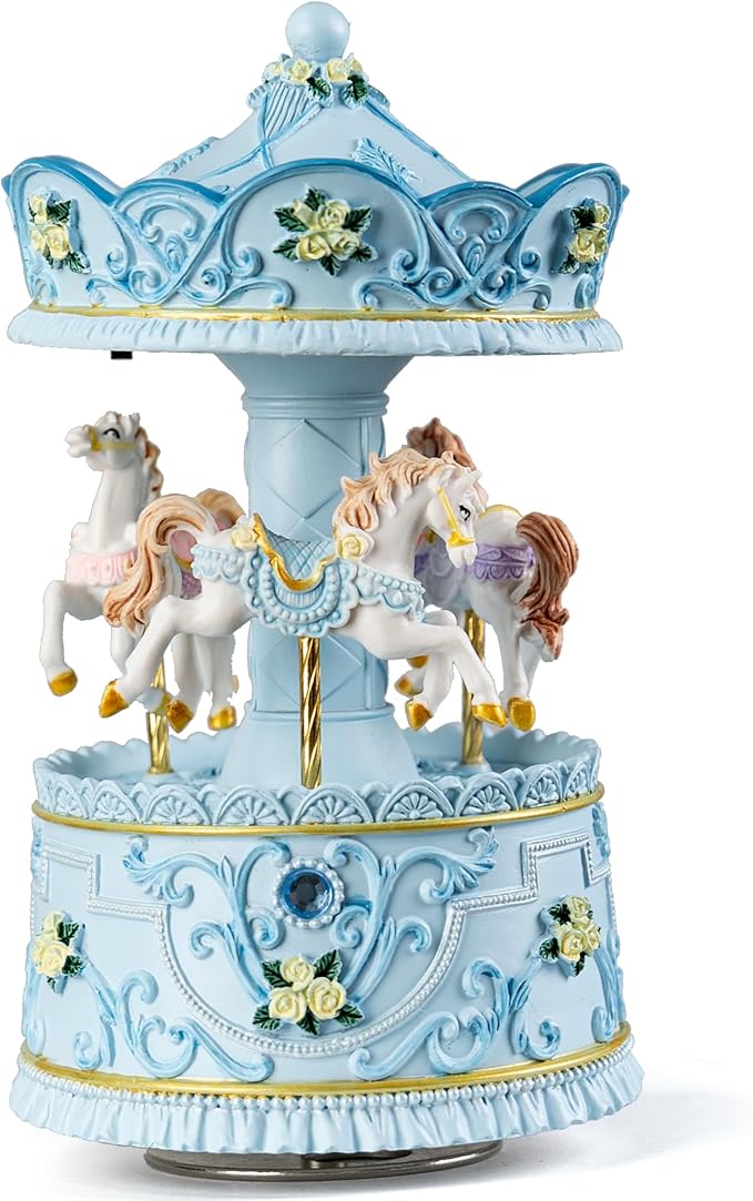 Lighted Rotating Carousel Music Box, Wind Up Musical Merry-Go-Round Figurine, Hand Painted Vintage Blue Collectible Decor, Plays Over The Rainbow, Gift for Girls, Women, Nursery, Bedroom