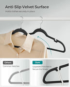 SONGMICS Velvet Hangers 50 Pack, Non-Slip Clothes Hangers, with Shoulder Notches, Pants Bar, 360° Swivel Hook, Space-Saving, for Closet, Ink Black UCRF029B05