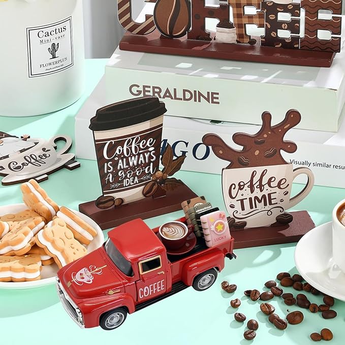 Coffee Bar Decor Vintage Mini Metal Pickup Truck Decor with Book Accessories for Coffee Station,Farmhouse Tiered Tray Table Decorations for Home Kitchen, Office, Cafe