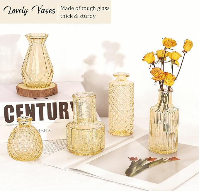 36Pcs Bud Vases Set Small Vintage Glass Bottles Bud Vases in Bulk Multiple Shape Cute Glass Vases for Rustic Wedding Centerpieces Table Decorations and Home Decor (Champagne)