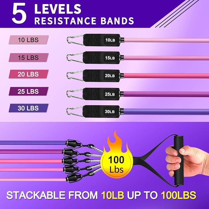 WHATAFIT Resistance Bands Set with Handles - Exercise Bands Home Gym Strength Training Equipment, Includes Door Anchor & Ankle Straps for Full Body Workout Bands, Physical Therapy - for Men and Women