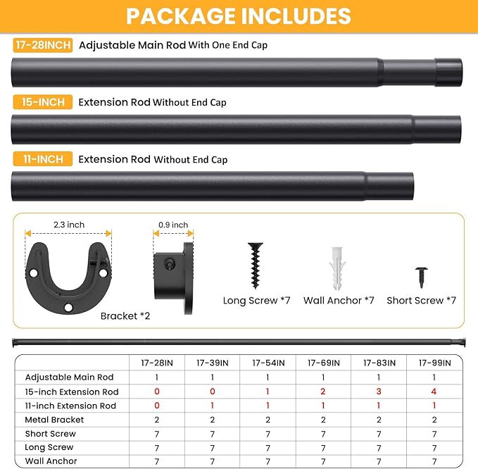 2 Pack Closet Rods for Hanging Clothes,17-83 Inch No-Cut Stepless Adjustable Closet Rod, 1.3 Inch Heavy Duty Metal Closet Hanging Rod with Brackets, Closet Bar for Closet, Laundry Room, RV, Wardrobes