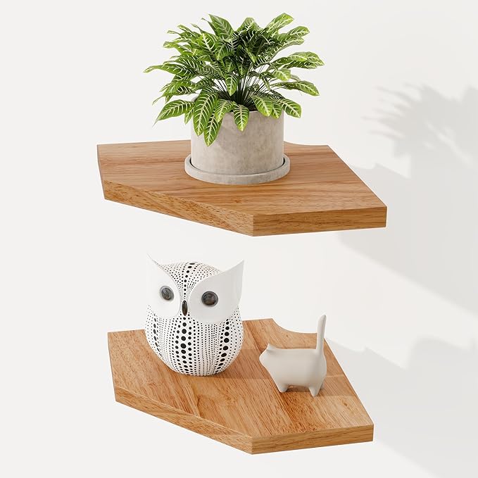 Fun Memories Corner Shelf Wall Mount Set of 2 - Solid Oak Wood Floating Corner Shelf with Cable Hole, 7in Rustic Design for Bedroom, Living Room, Kitchen (Natural)