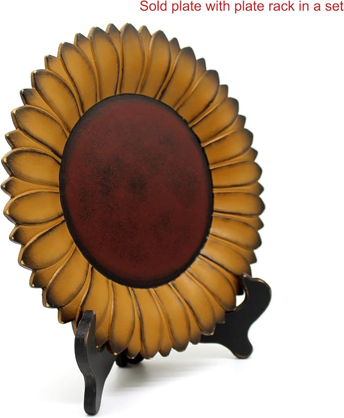 CVHOMEDECO. Sunflower Plate with Rack Primitives Rustic Display Wooden Plate Home and Office Décor Art, 11 Inch (Mustard Plate with Rack)