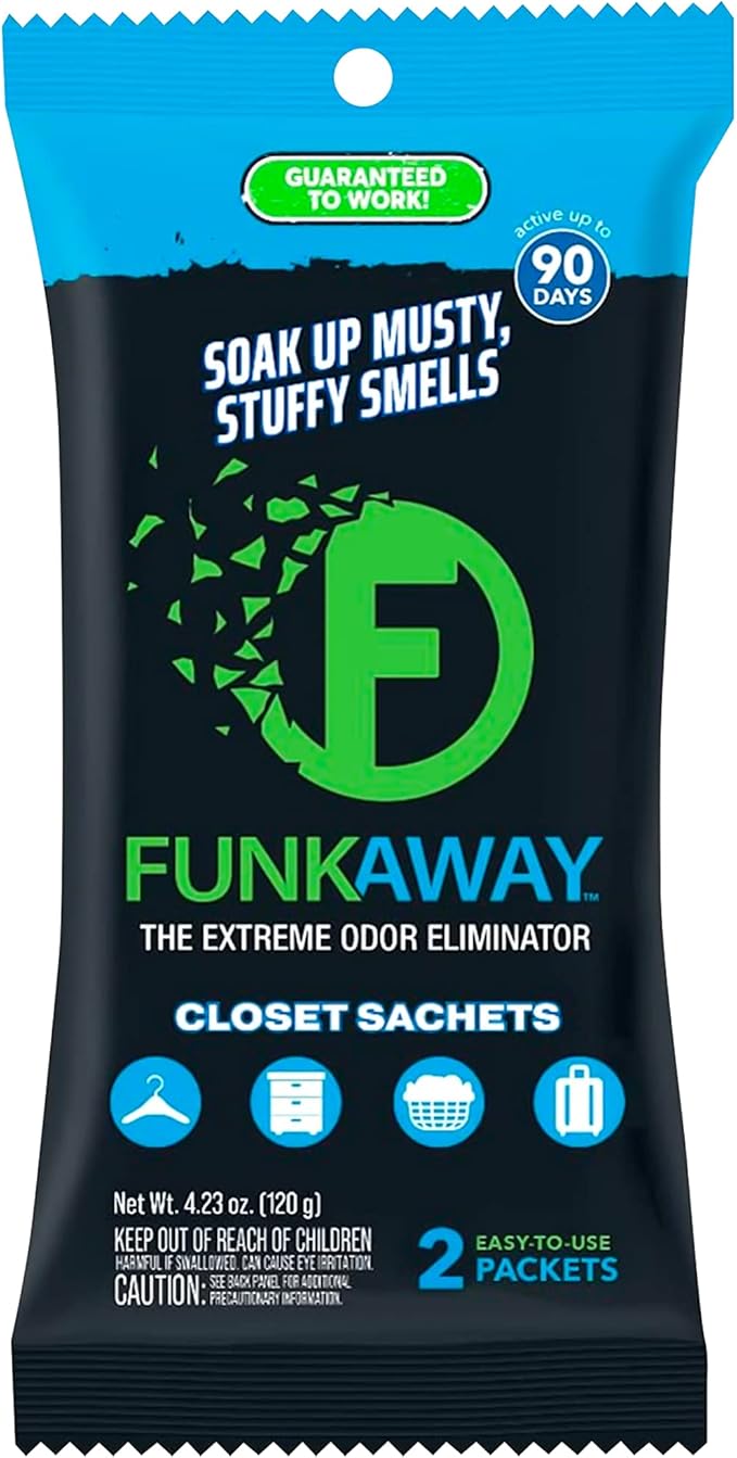 FunkAway Extreme Odor Eliminating Closet Sachet, Odor Absorbing Packet Ideal for Closets, Drawers, Hampers, Attics and Storage Spaces, Fresh Smell for Up to 90 Days
