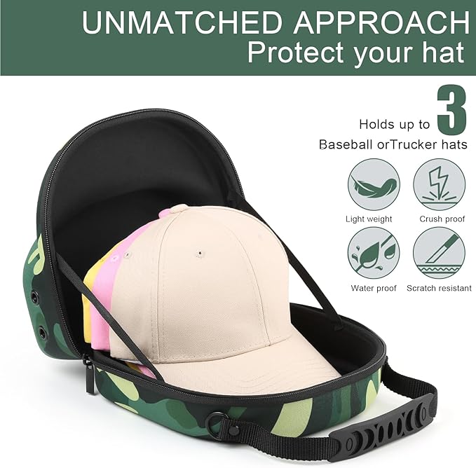 Hard baseball hat case, Hat Carrier Travel Case with Adjustable Shoulder Strap, Hat cap case for 3 Baseball Caps - Perfect for Traveling & At-Home Storage (Camo Green)