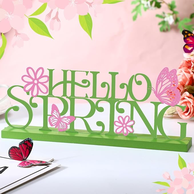 Teenyyou Holiday Word Sign with Wooden Base Home Seasonal Table Decor Metal Word Letter for Holiday Centerpiece Tabletop Desk Decorations(Hello Spring)