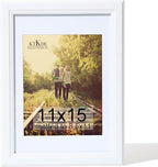 KTKDE 11x15 Picture Frame,Display Pictures 8.5x11 with Mat or 11x15 Without, Tempered Glass,15 by 11 White Wooden Frame Wall Gallery Poster Frame best gift