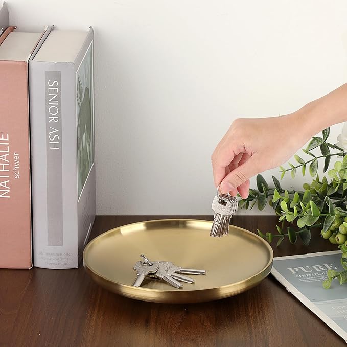 Round Key Dish for Entry Table Stainless Steel Display Tray Gold Candle Plate Jewelry Display Holder for Vanity Kitchen Coffee Counter, 7.5" x 7.5" x 1.2"