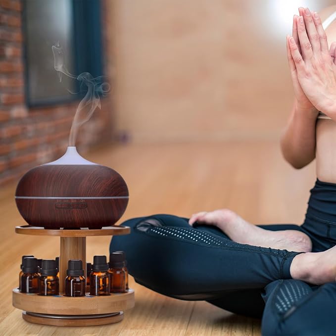 TJ.MOREE Bamboo Diffuser Holder Carousel- 2 Tier Height Increase Rack with Upper Tray for Holding Diffuser, for 5ml, 10ml, 15ml, 20ml Essential Oils Bottles
