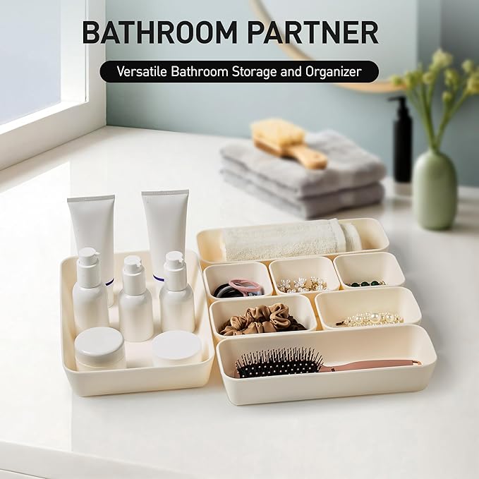 ISSEVE 8Pcs Nesting Silicone Drawer Organizer Trays, 4 Size Versatile Vanity Bathroom & Desk Drawer Organizer Set Storage Bins for Office,Kitchen,Nightstand,White