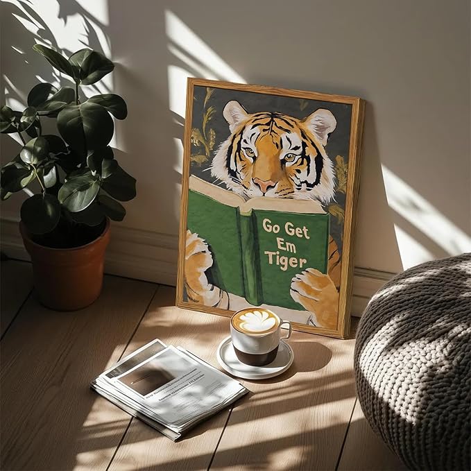 Framed Funny Tiger Wall Art, Motivational Animal Reading Wall Decor Paintings, Eclectic Go Get Em Tiger Canvas Prints Pictures Home Decor for Living Room Bedroom Dorm Office 12x16 inch