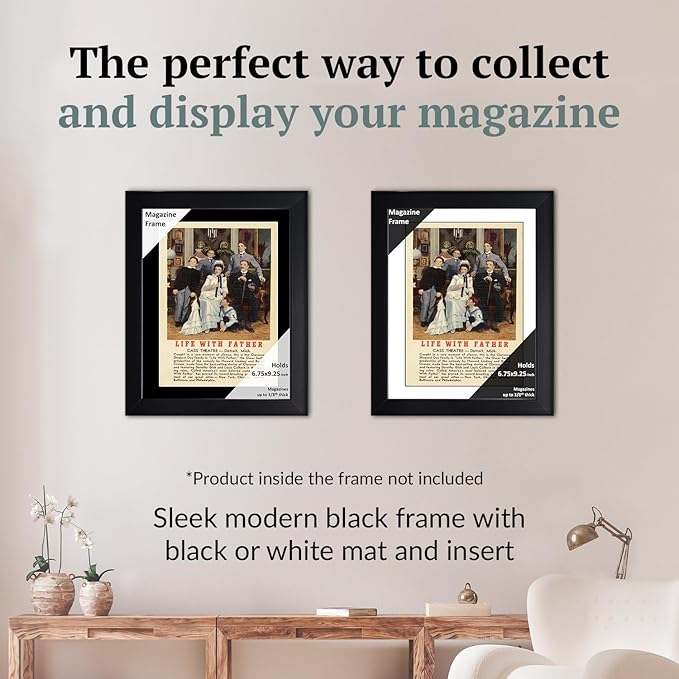 Creative Picture Frames 6.75 x 9.25 Magazine Theatre Show Frame with Full-Strength Glass, Holds Up To A 1/4" Thick Media with Installed Hangers for Easy Mounting, 8x12 Black Frame with Black Mat