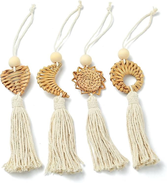 LiQunSweet Handmade Rattan Weave Cotton Rope Tassel, 4Pcs, 25x4.5cm, for Bag Charms, Keychains, Home Decor & Craft Projects