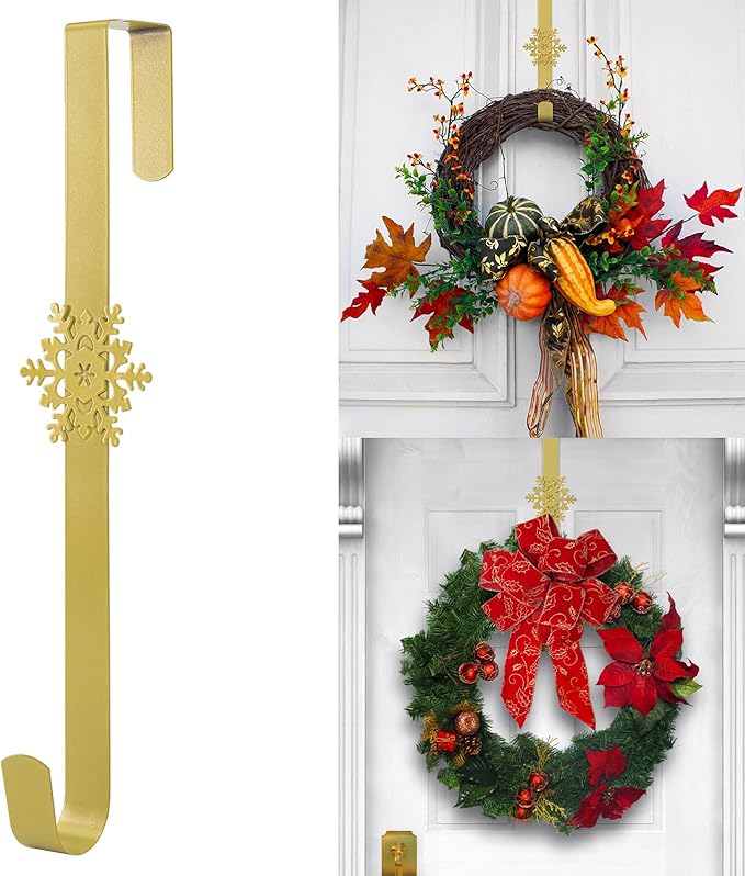 Wreath Hangers for Front Door,15" Sturdy Metal Wreath Doors Hangers,Over The Door Hooks for Front Porch Decor,Garland Hooks Holders for Halloween Christmas Decorations (Gold Snowflakes, 1 Pack)