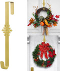 Wreath Hangers for Front Door,15" Sturdy Metal Wreath Doors Hangers,Over The Door Hooks for Front Porch Decor,Garland Hooks Holders for Halloween Christmas Decorations (Gold Snowflakes, 2 Pack)