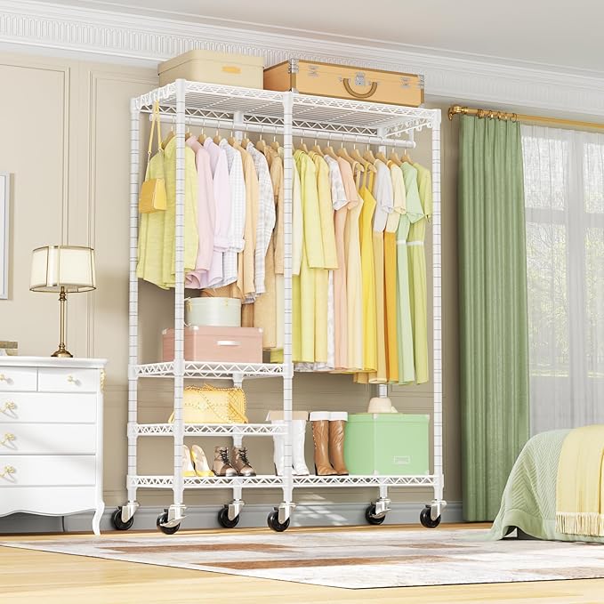 Ulif F4R Heavy Duty Clothes Rack（With Lockable Wheels ） Rolling Clothing Racks for Hanging Clothes，Adjustable Closet Organizer System，Portable Garment Rack 45"W x 15.8"D x 73.5"H，Max Load 650LBS，White