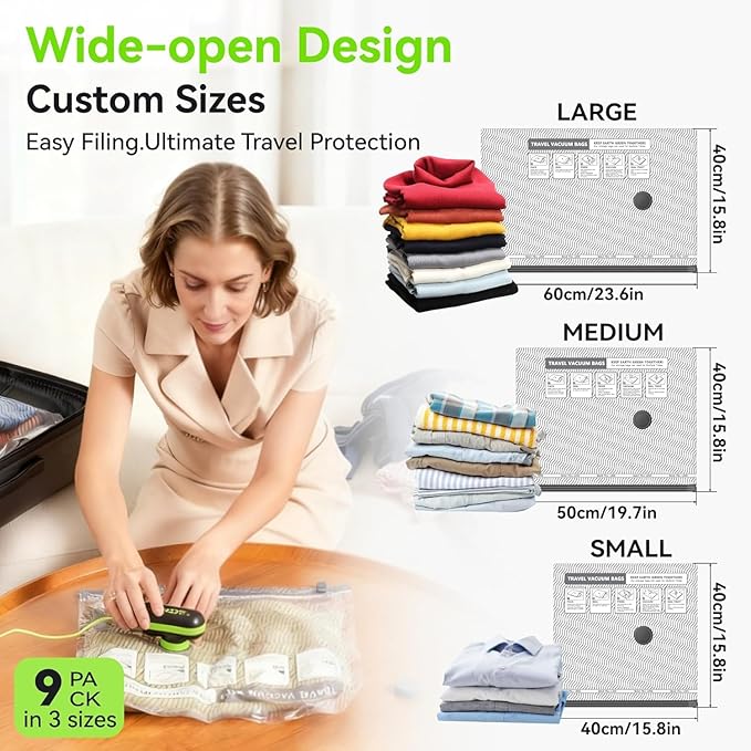 Travel Vacuum Bags with USB and TYPE C Pump Pump,9 Pack Vacuum Storage Bags,vacuum for bags storage, Powerful -58KPa Suction for Luggage,Travel and Home Use for Clothes and Blankets (Green）