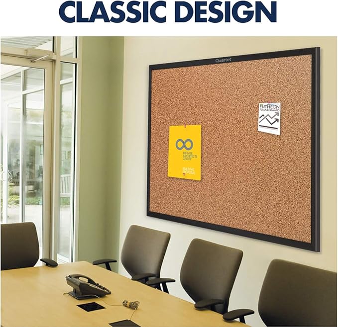 Quartet Cork Bulletin Board 36"W x 24"H Pin Board, Black Aluminum Frame (2303B)