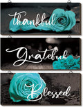 Hillban 3 Pieces Rose Wooden Wall Decor Rose Bathroom Decor Thankful Grateful Blessed Accessories Inspirational Wall Art Signs for Living Room Kitchen Wedding(10 x 4 Inch,Teal)