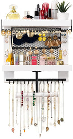 Pinzoveco Hanging Jewelry Organizer Wall Mounted With Wall Jewelry Organizer Holder For Necklaces Bracelet Earrings Ring (White)