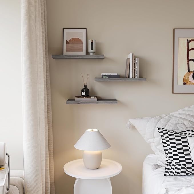 Upassion Floating Shelves for Wall Set of 3, 16" Gray Wall Shelves for Home Decor, Frame Display Floating Shelf for Living Room, Bedroom, Bathroom, Kitchen