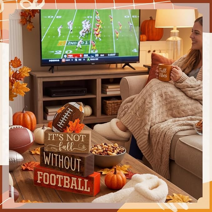 Yuntau 4 Pcs Football Fall Table Decorations Football Tiered Tray Decor Rustic Autumn Wooden Blocks Sign It's Not Fall Without Centerpiece Decorative Faux Book Sign for Room Coffee Table Mantel Shelf