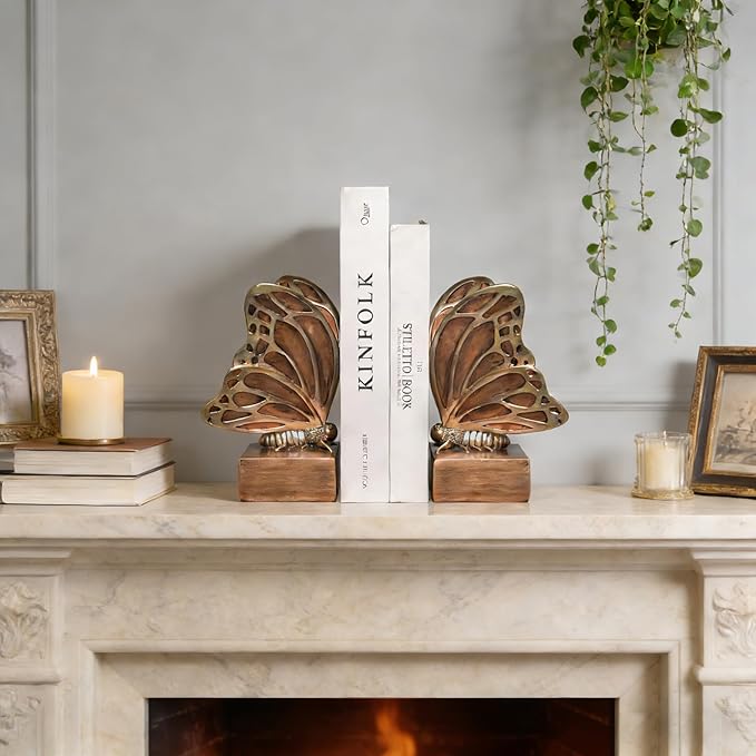 Vintage Brown Butterfly Bookends,Resin Book Ends for Shelves,Heavy Duty Decorative Bookends,Creative Book Stopper Holder Decor for Desk Home Office,Shelf Decoration,Gifts for Mother's Day