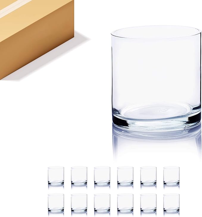 WGVI WGV Cylinder Vase Bulk, 4" W x 4" H, Floral Container, Glass Candle Holder Centerpiece Planter Terrarium for Wedding Party Event, Home Office Decor, Clear, 12 Pieces