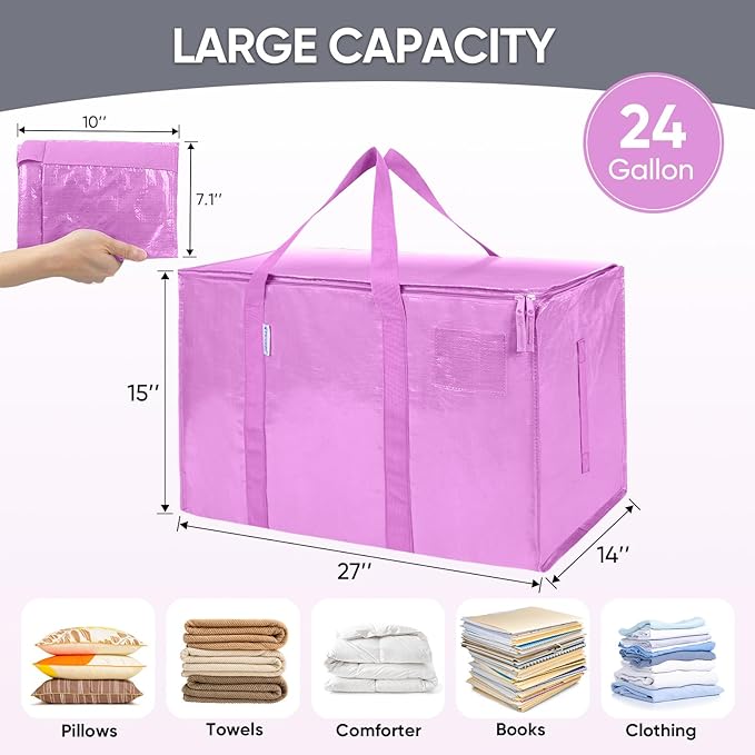 TICONN 6 Pack Extra Large Moving Bags Heavy Duty with Zippers & Carrying Handles, Durable Storage Bags Moving Boxes for Closet Organizers and Storage (6 Pack, Pink)