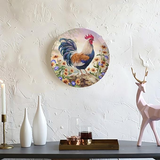 Rooster Decorative Ceramic Plates, 10inch, Rooster on Stone Round Display Plate, Decorative Plates with Stand, for Home Kitchen Bedroom Decorative Ornaments