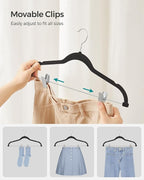 SONGMICS 50-Pack Pants Hangers, 16.7-Inch Long Velvet Hangers with Adjustable Clips, Heavy-Duty, Non-Slip Skirt Hangers, Space-Saving for Pants, Skirts, Coats, Dresses, Black UCRF012B50
