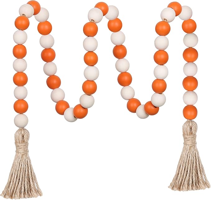 Meplait Fall Wood Bead Garland, 39in Farmhouse Beads with Tassels Halloween Tiered Tray Decor Decorative Beads Home Decor（Orange & Natural）
