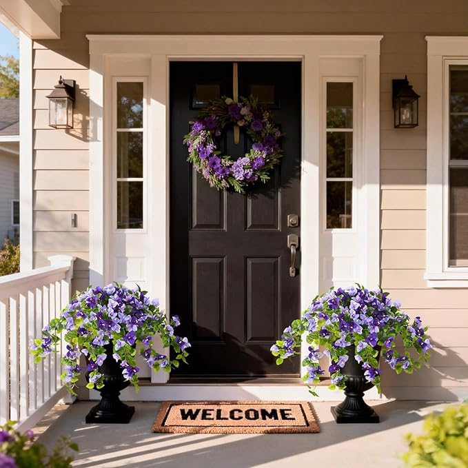 Homsunny Artificial Fake Flowers Plants for Outdoor Decoration, 2 Pcs Faux Silk Flower Bougainvillea Vines Look Real UV Resistant for Home Porch Patio Balcony Yard Spring Decor(Purple)