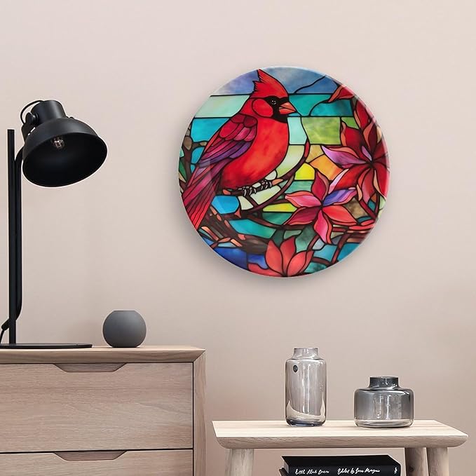 Cardinal Bird Stained Glass Design Decorative Plates Home Decor Ceramic Plates, Dinner Plates Display for Living Room, Kitchen, Hallway Console Side Table, Presents for Loss of Loved, 10 Inch