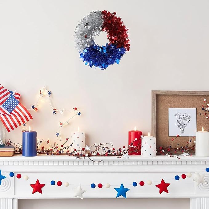 Patriotic Wreath for Front Door Red White Blue Wreath 4th of July Wreaths for Door Wall Memorial Day Decor Independence Day Hanging Decoration for Outside Home Farmhouse Holiday (Shiny B)