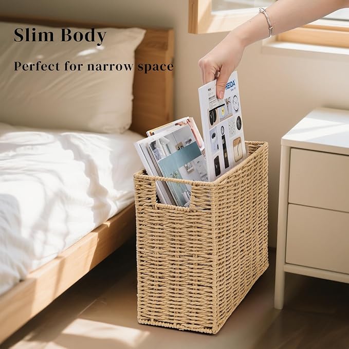 Woven Magazine Holder, 15'' x 6'' x 11'' Book Basket with Built-in Handles, Narrow File Storage Newspaper Organizer for Living Room, Bedroom, Office, Bathroom