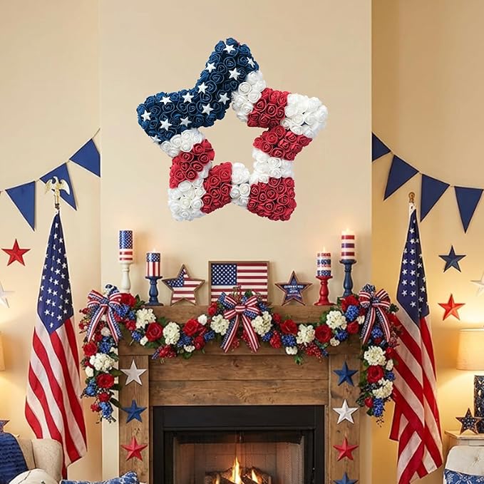 18 Inch Patriotic Red White Blue Large Star Shape Flower Wreath for Front Door, Forth of July American Flag Color Soft Touch Floral Wreath for Indoor and Outdoor, Independence Day Home Decor