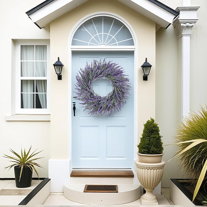 LZNPA 22 Inch Summer Spring Wreaths for Front Door Romance Lavender Wreath, Elegant Artificial Front Door Wreath for All Season Spring Decorations for Home Wall Entryway Farmhouse Porch Room Decor