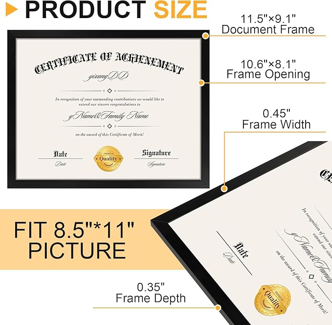 YixangDD 10 PACK Certificate Frames 8.5 x 11, Black Diploma Frame Document Frame with Clear Plexiglass, Picture Frames for Tabletop and Wall Display