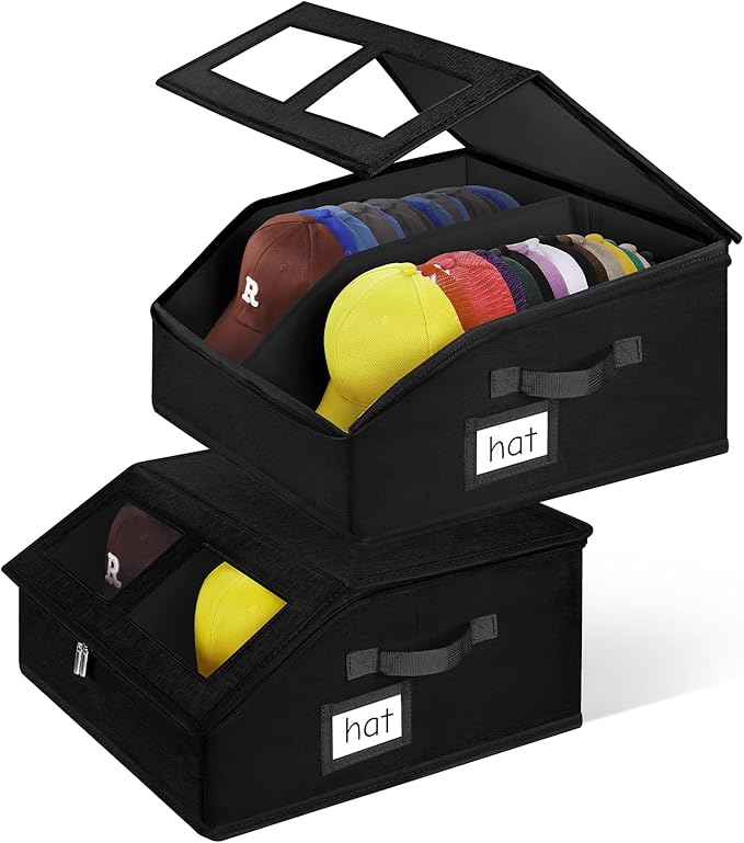 2 Pack Hat Storage for Baseball Caps-Holds Up to 48 Caps, Hat Organizer for Closet Stackable Hat Box with Cardboard, Dustproof Baseball Cap Organizer with 2 Handles for Home Travel (Black, 2Pack)